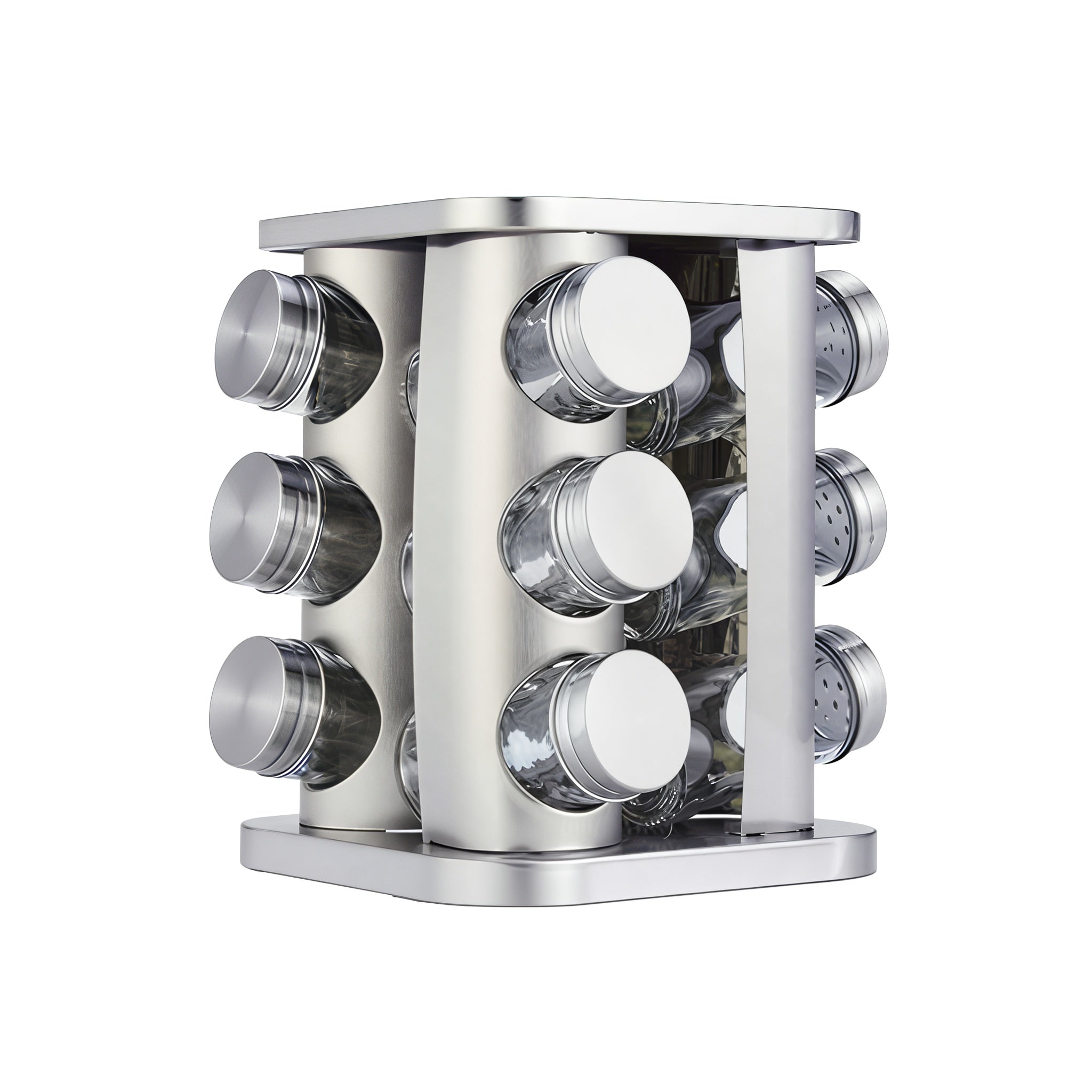 Stainless Steel Rotating Spice Carousel – 3-Jar Revolving Seasoning Organizer with Glass Bottles for Kitchen Counter or Cabinet