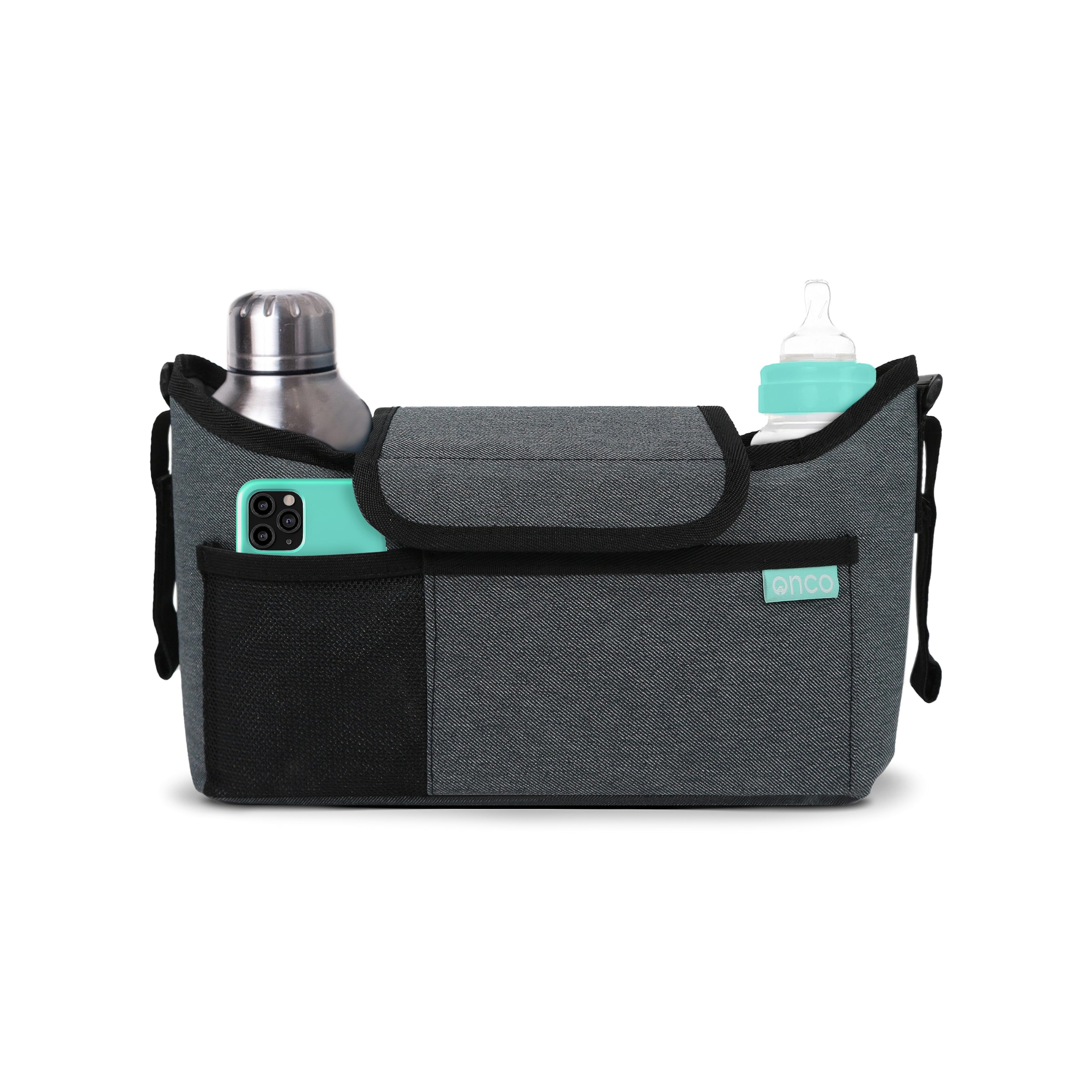 Onco Pram Organiser – Stroller Storage Bag with Cup Holders & Multi-Compartment Design