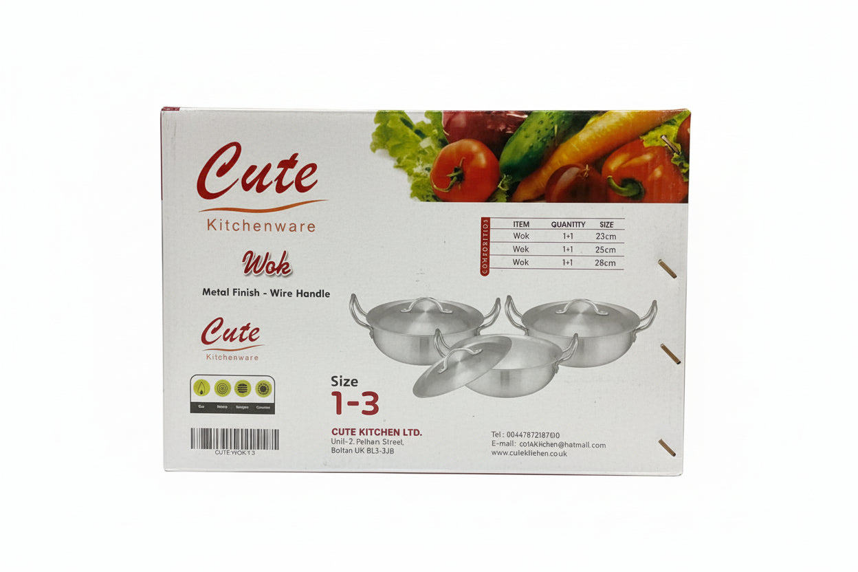 Cute Kitchenware Wok Set 1–3 — Aluminium Karahi Pans with Lids (23cm / 25cm / 28cm)