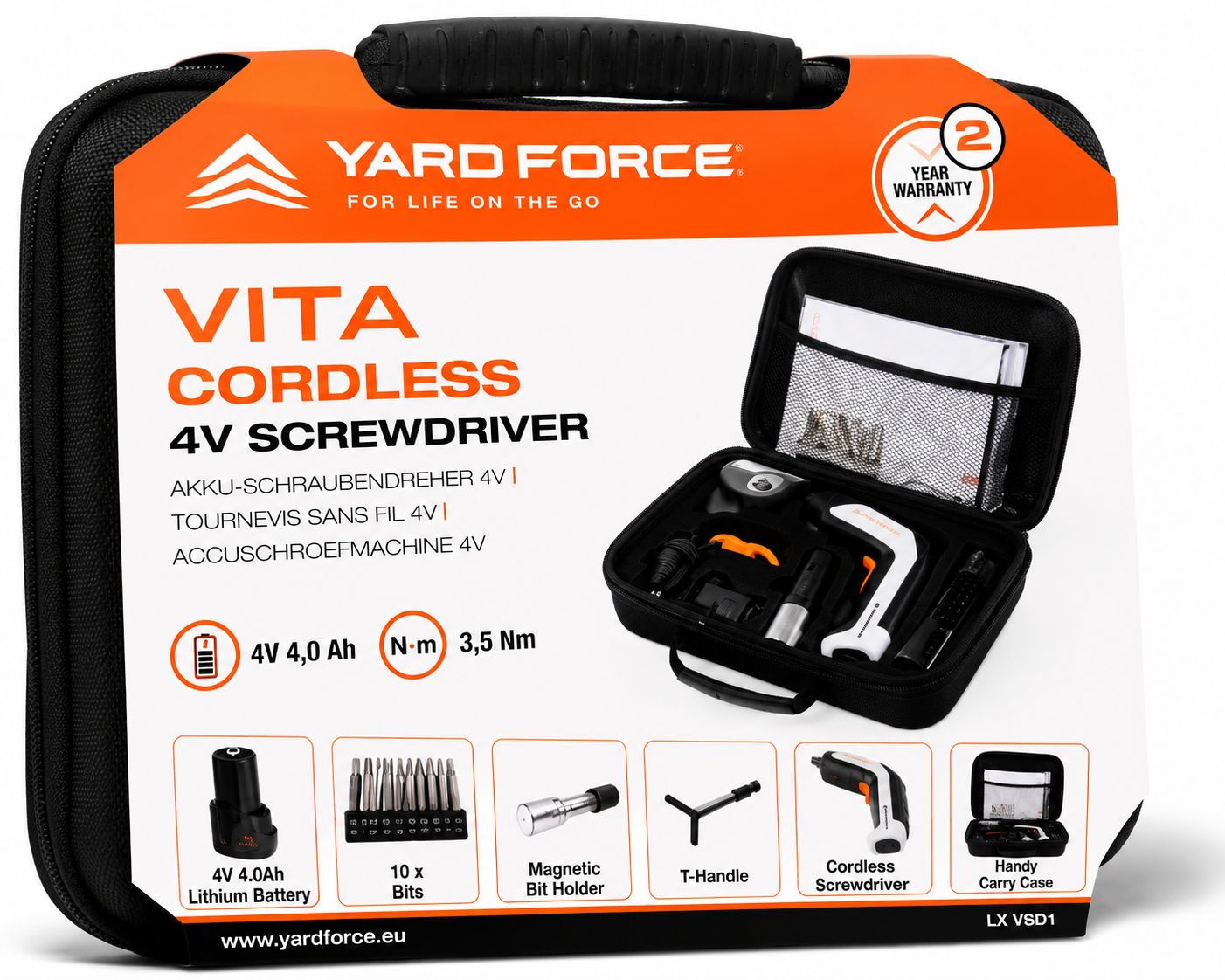Yard Force 4V Vita Cordless Screwdriver Kit with 4 Detachable Heads - LXVSD1