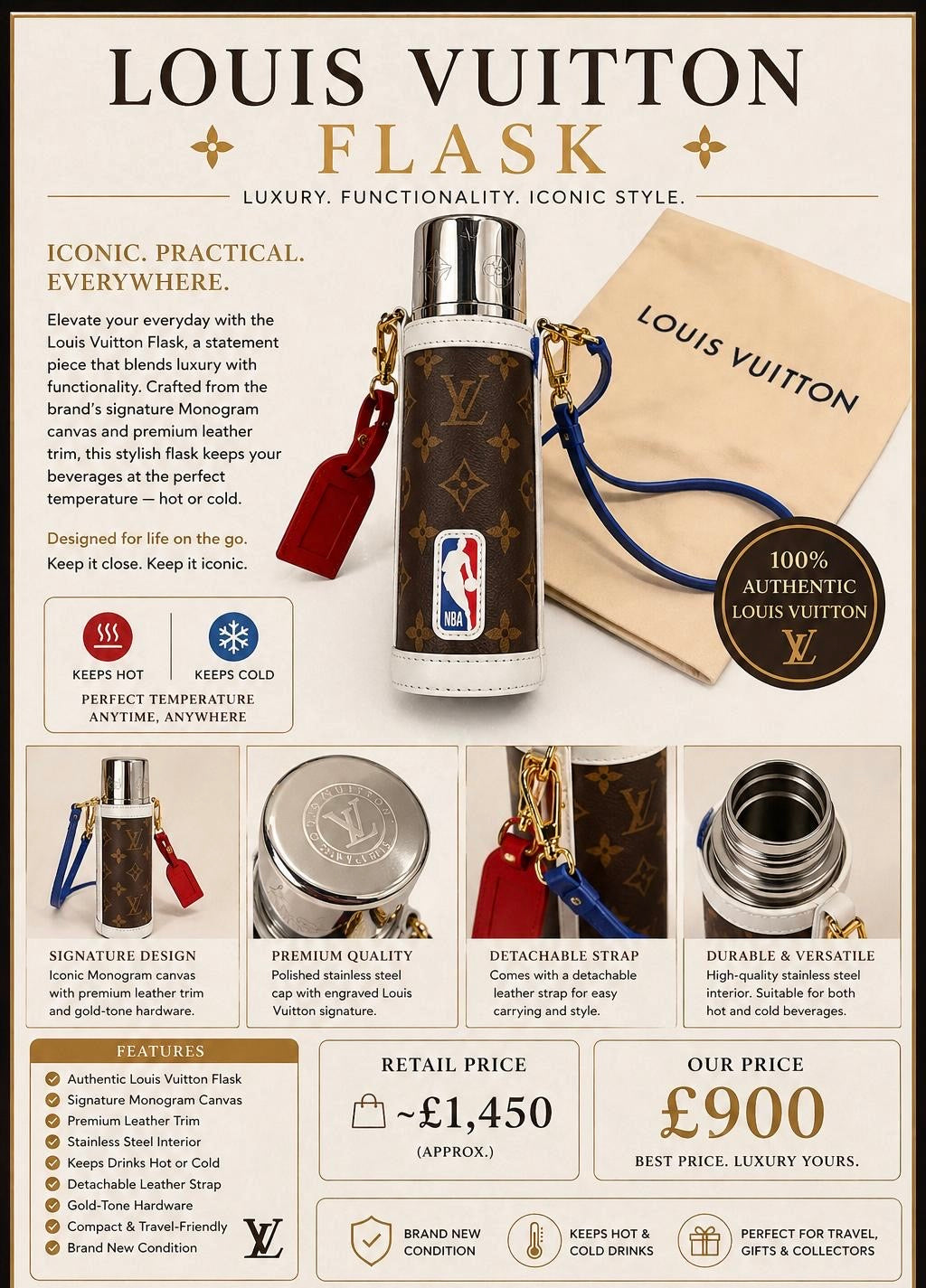 LOUIS VUITTON FLASK SIGNATURE DESIGN Iconic Monogram canvas with premium leather trim and gold-tone hardware - PRELOVED