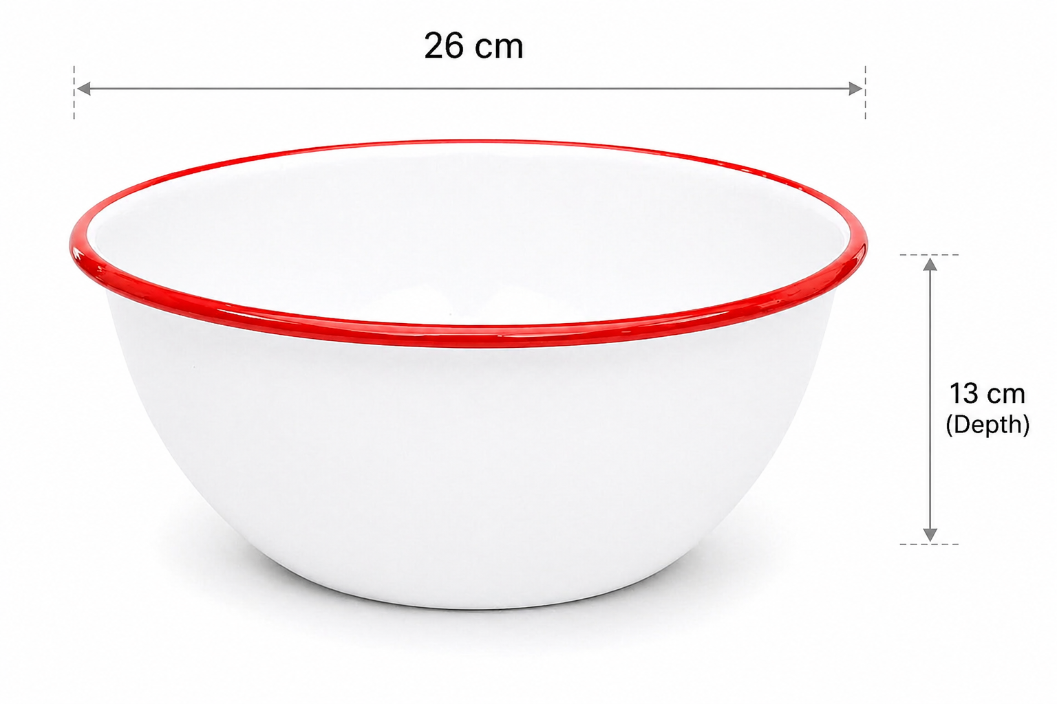 High Street Enamel Mixing Bowl – White with Red Rim (26cm Diameter, 13cm Depth)