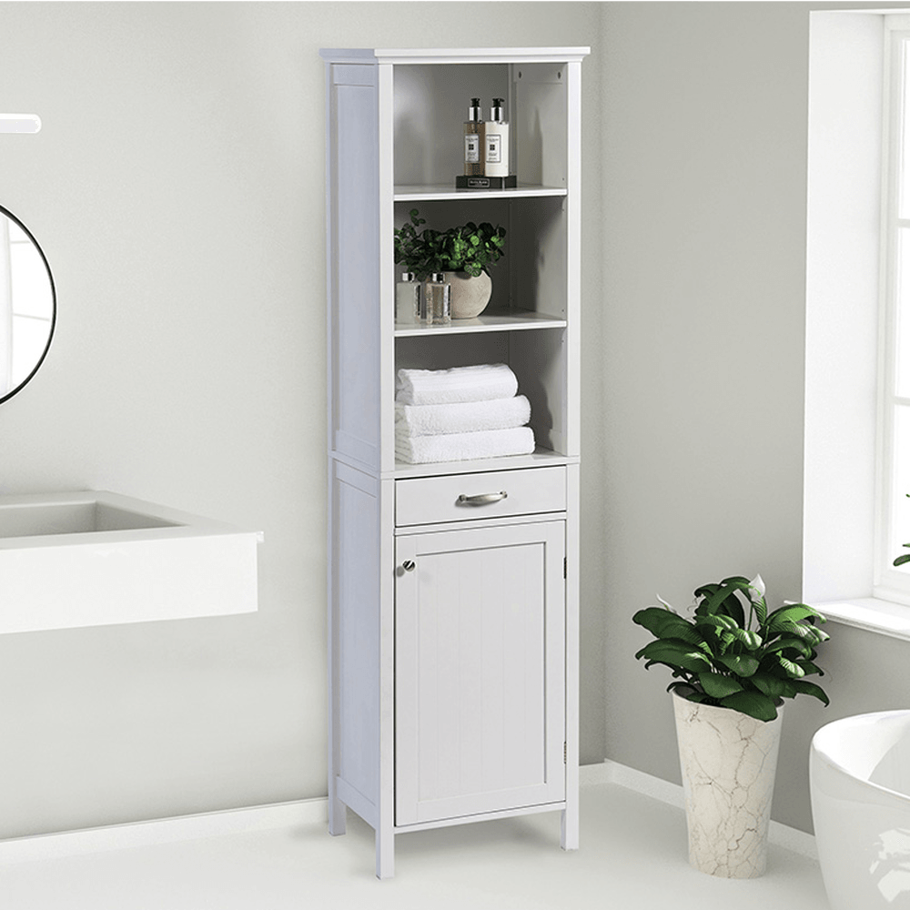 Greenhurst Tall Storage Cabinet – Bathroom Floor Standing Unit with Drawer & Shelves (White) - 4612