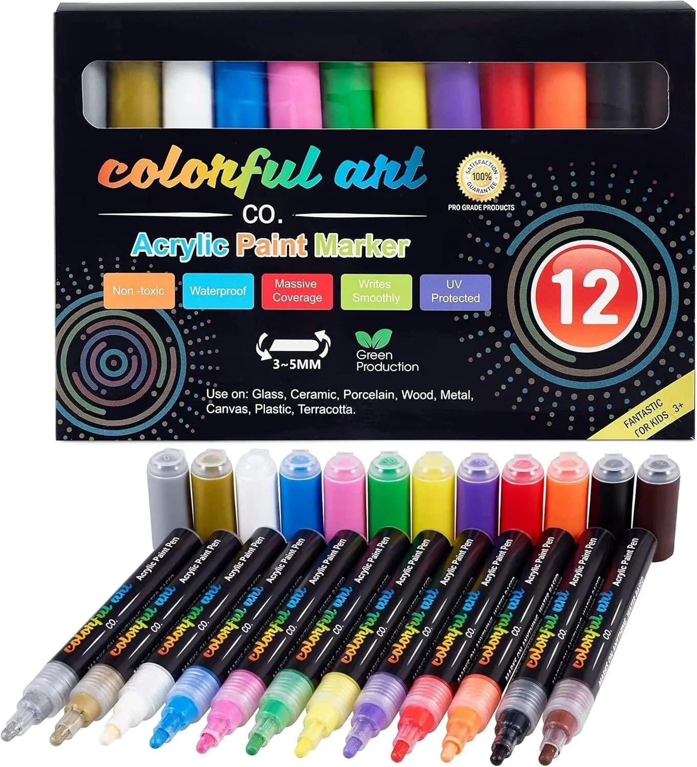 Colorful Art Co. Acrylic Paint Pens – 12 Pack Permanent Waterproof Paint Markers with Dual Tips