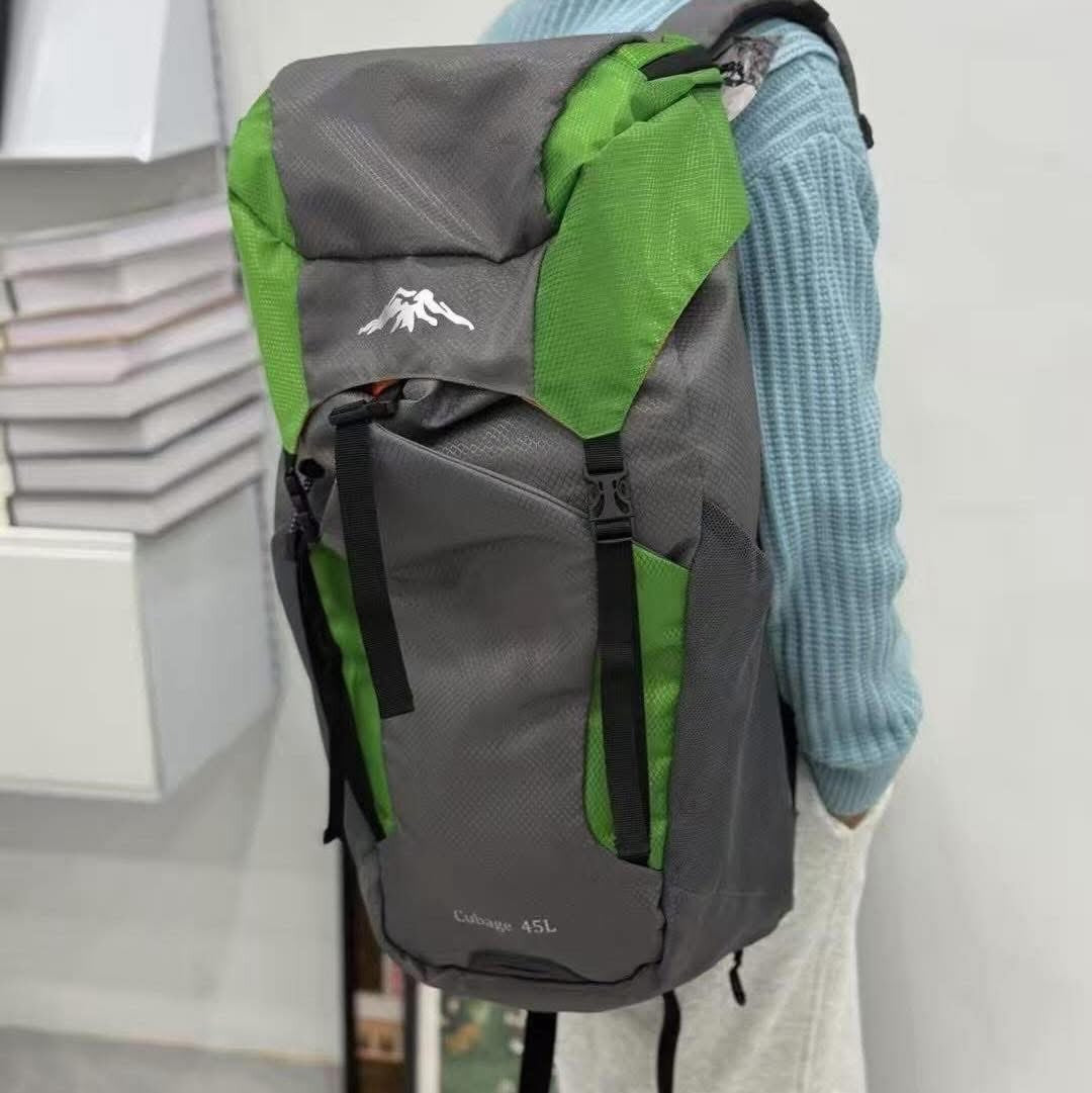 45L Outdoor Hiking Backpack – Waterproof Travel Rucksack with Multiple Compartments (Grey/Green)
