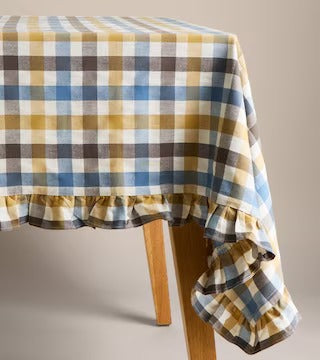 High Street Ruffle Gingham Linen Tablecloth – Farmhouse Style Frill Edge Dining Cove