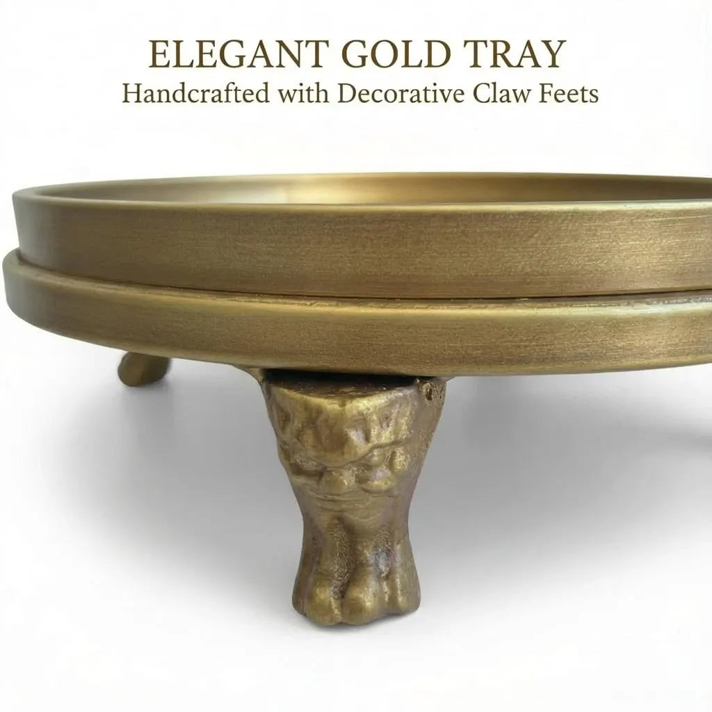 Brass Color Decorative Tray – 11.8‑Inch Round Metal Serving Tray with Claw Feet