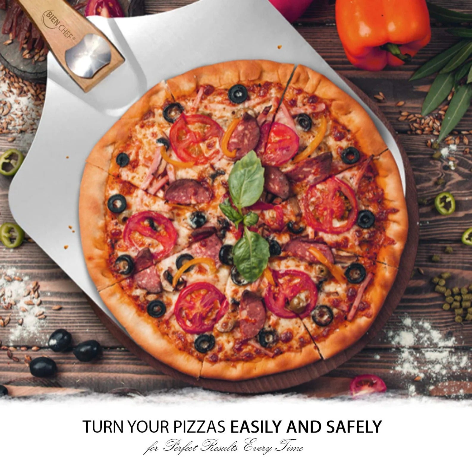 Aluminium Pizza Peel Set with Stainless Steel Rocker Cutter & Wooden Handles – Pizza Oven Tool Kit