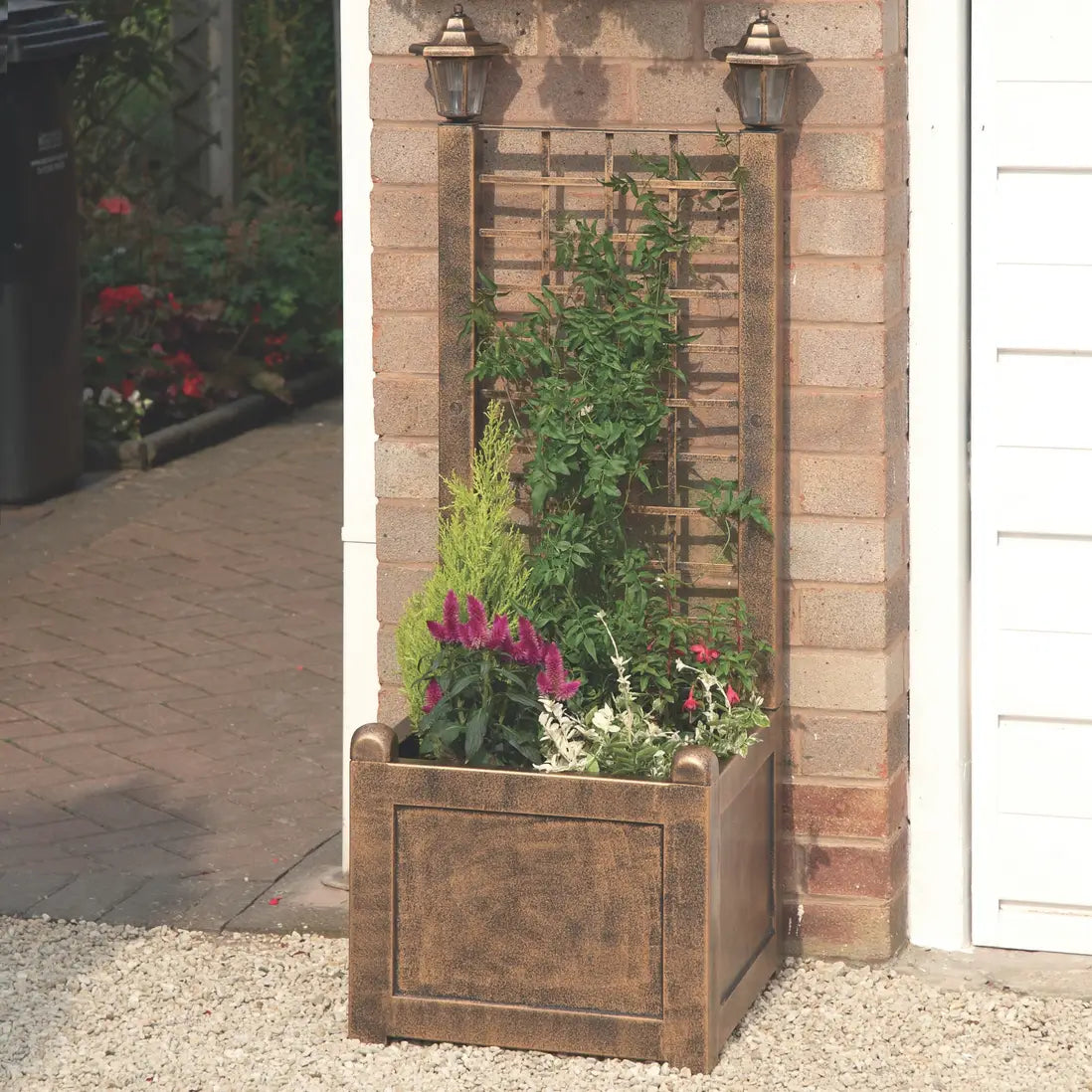 Trellis Planter with Solar Powered Lantern Lights – Antique Bronze Finish Climbing Plant Support (120cm) - 4145
