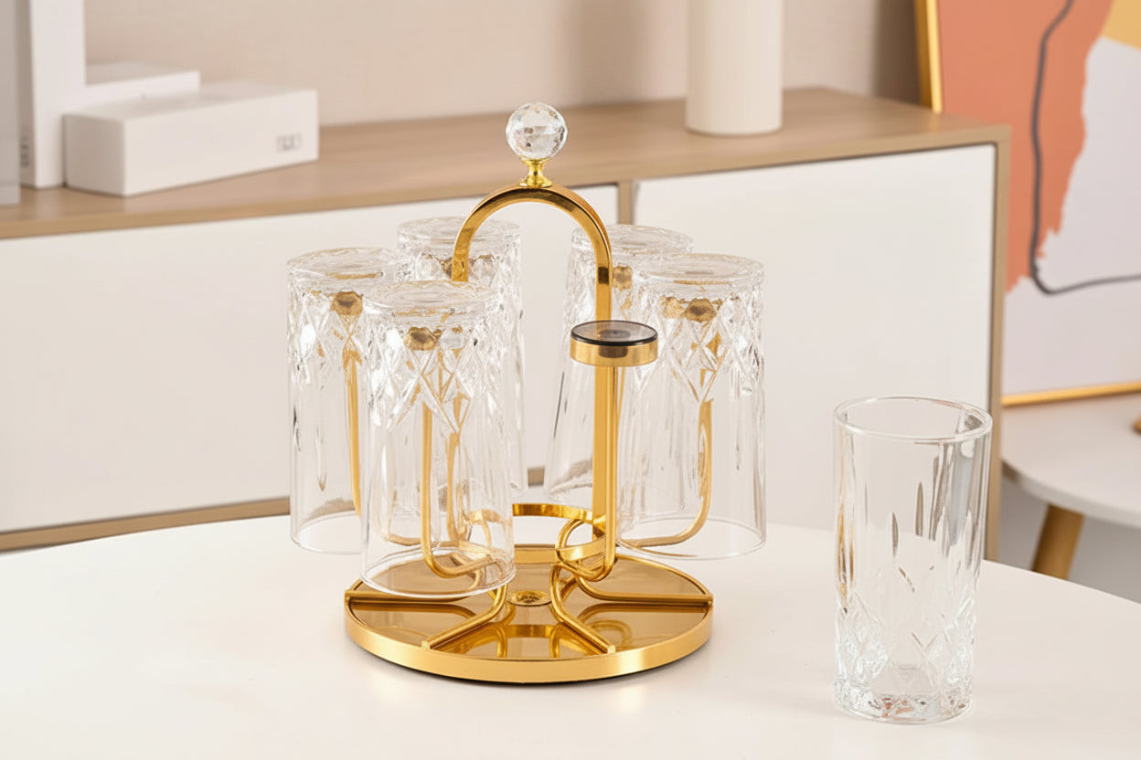 Rotatable Stainless Steel Glass Holder Rack – 6 Cup Stand | Loves Home (DS19076)