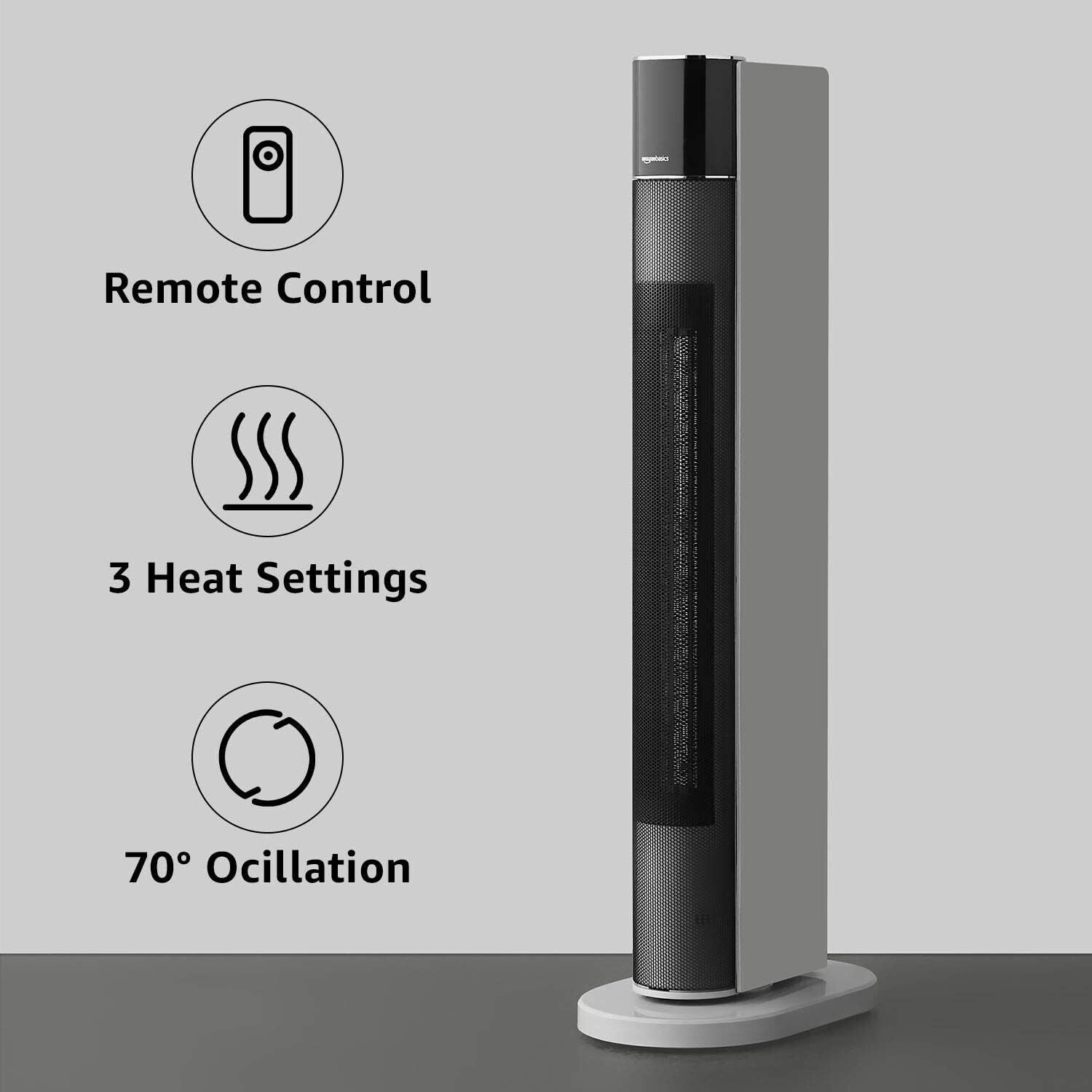 Amazon Basics ECO Oscillating Portable Tower Heater, 2 Fan Speeds, 3 Heat Settings, Timer and Remote Control, with UK plug, 2200W