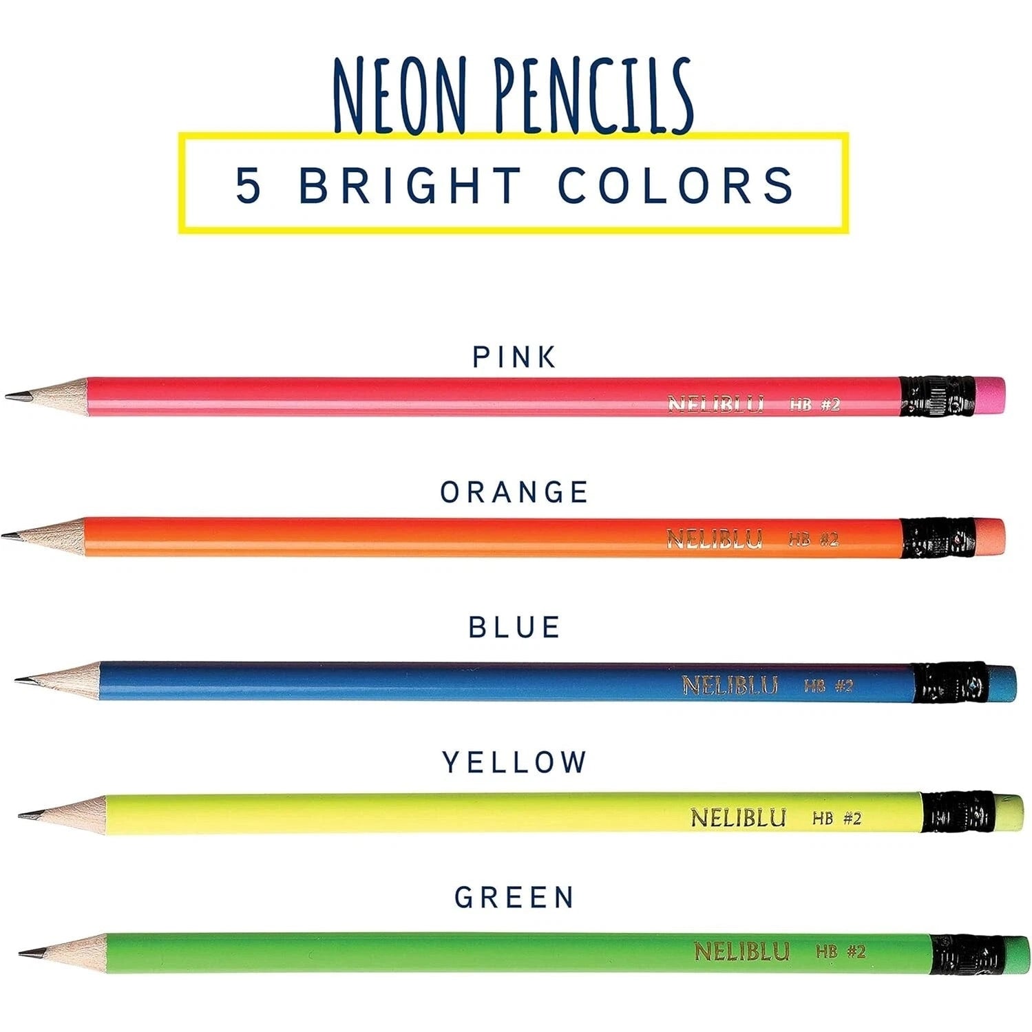 NELIBLU #2 PRE-SHARPENED NON-TOXIC WOOD NEON PENCILS KIDS ADULTS ERASER 48 PACK