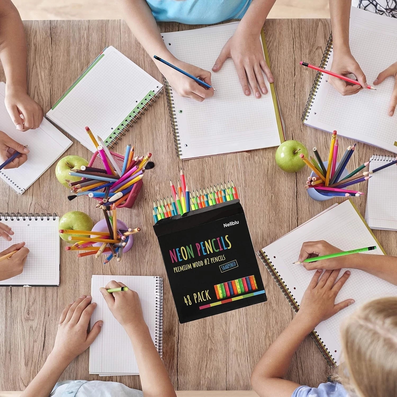 NELIBLU #2 PRE-SHARPENED NON-TOXIC WOOD NEON PENCILS KIDS ADULTS ERASER 48 PACK