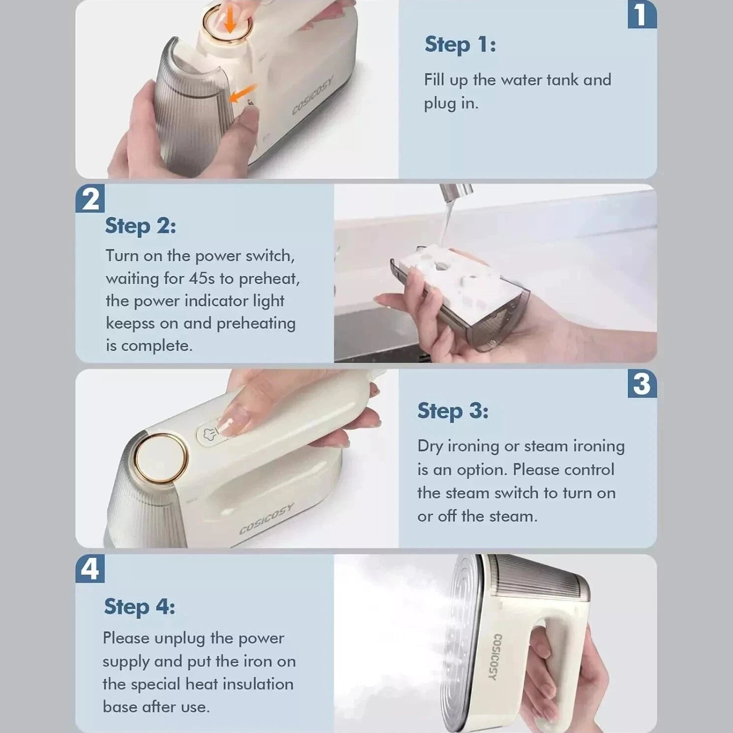 Steam Iron, Cosicosy 2-In-1 Handheld Clothes Steamer 1200W Portable Garment