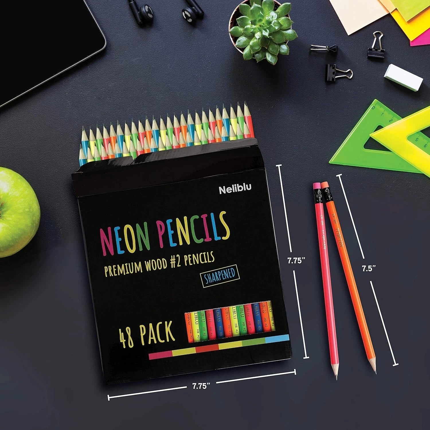 NELIBLU #2 PRE-SHARPENED NON-TOXIC WOOD NEON PENCILS KIDS ADULTS ERASER 48 PACK