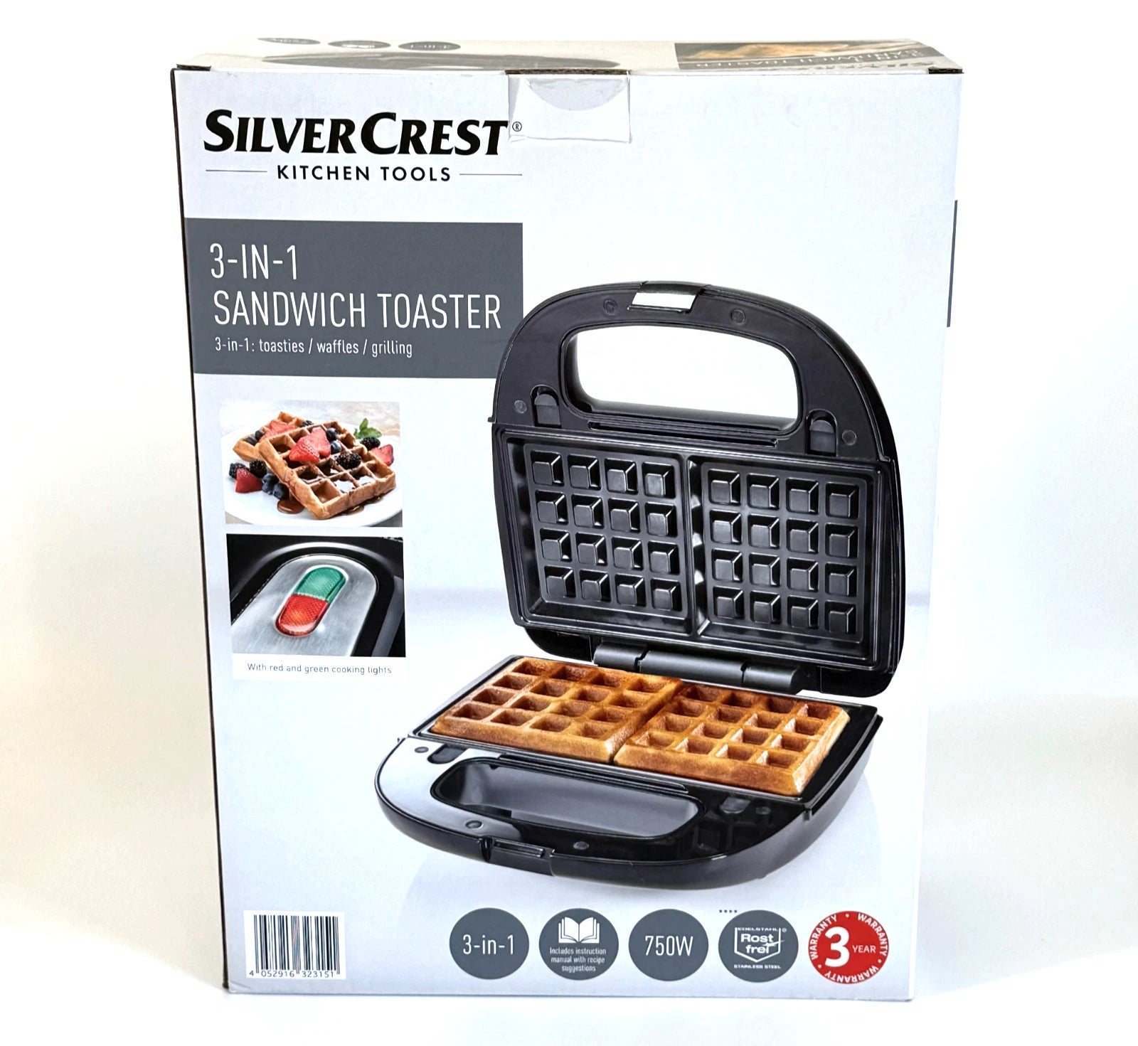 SilverCrest 3-in-1 Sandwich Toaster – Toasties, Waffles & Grill Plates (750W)