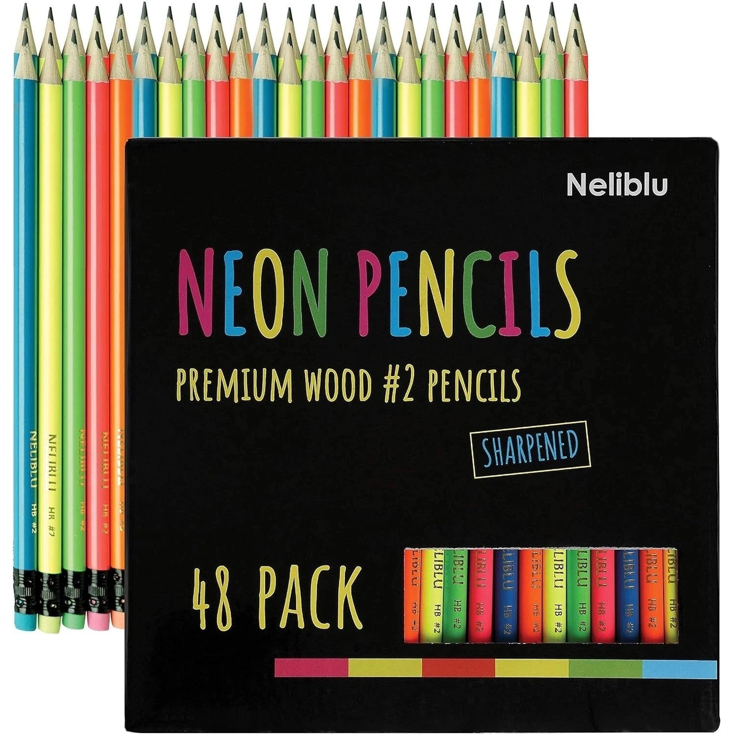 NELIBLU #2 PRE-SHARPENED NON-TOXIC WOOD NEON PENCILS KIDS ADULTS ERASER 48 PACK