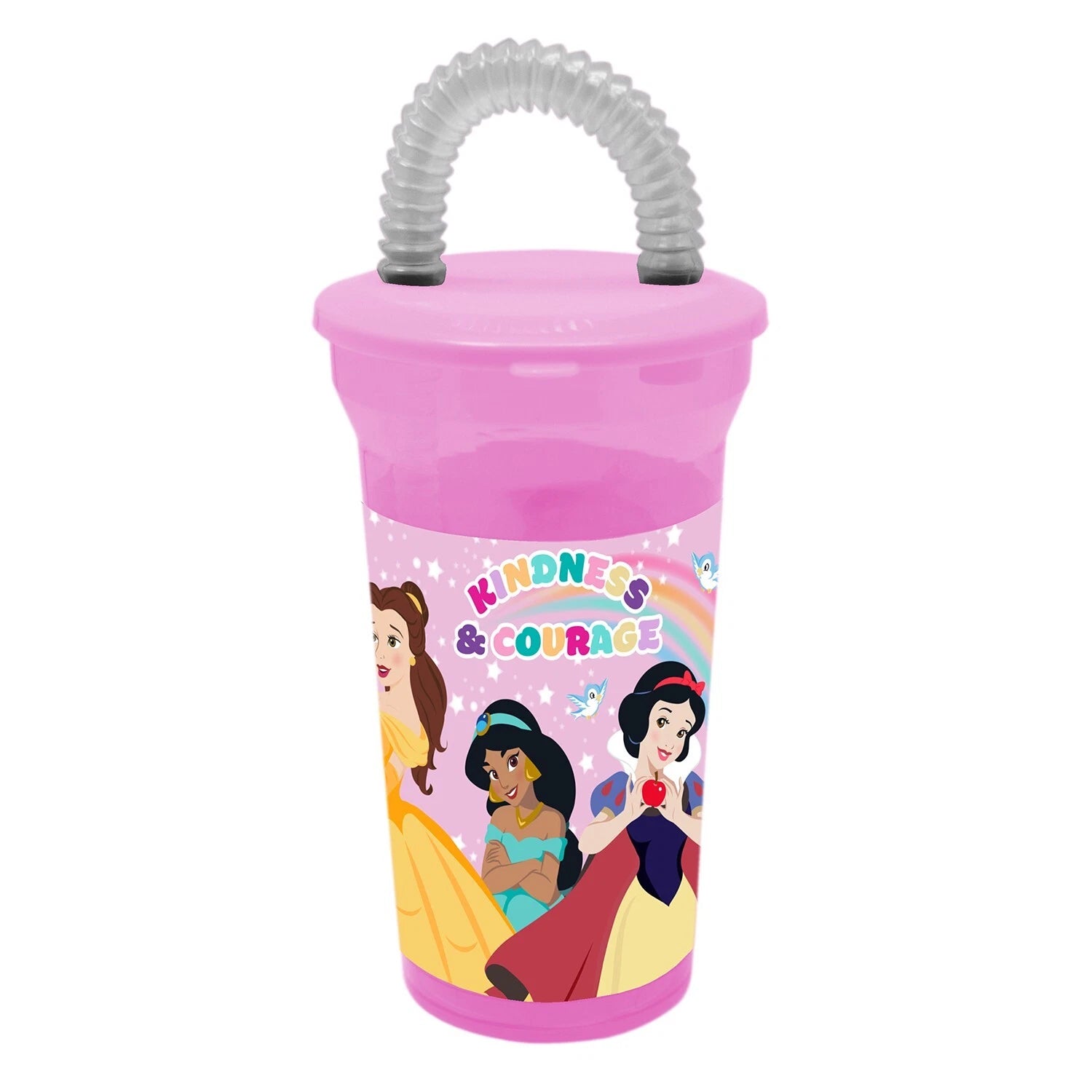 Disney Princess Kids Plastic Tumbler with Straw – 400ml Pink Drink Cup – Belle, Jasmine & Snow White