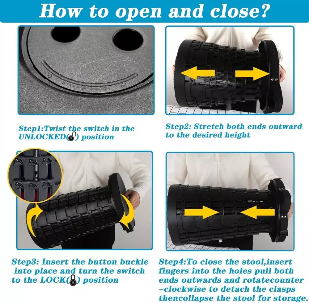 Portable Retractable Folding Stool – Heavy-Duty, Adjustable Height, Black