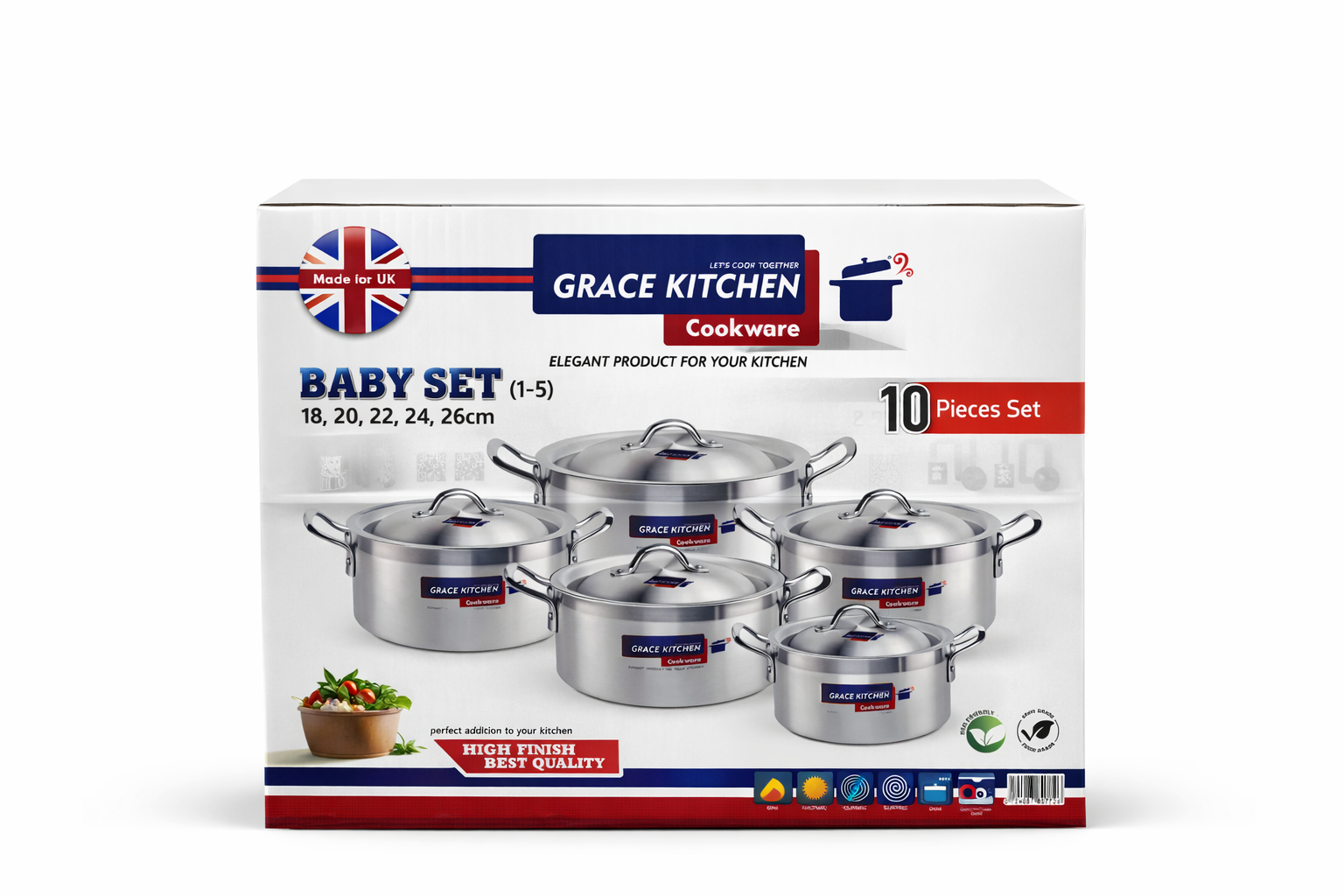 Grace Kitchen Baby Set Cookware – 10-Piece Aluminium Pot Set (18–26cm)