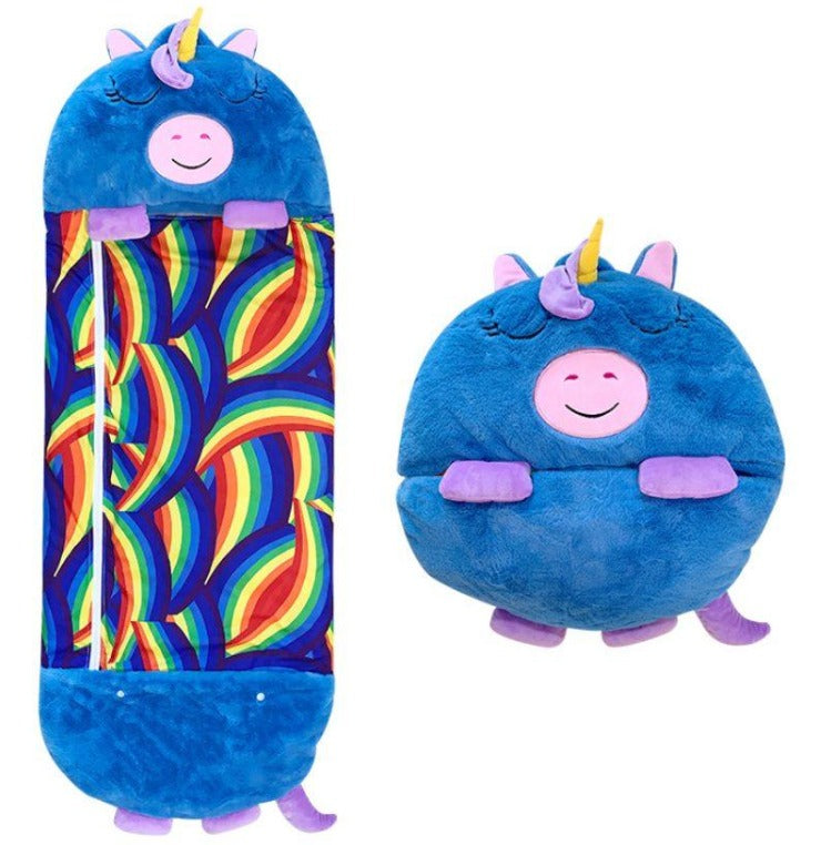 2-in-1 design that converts from a children's sleeping bag into a cuddly animal-shaped cushion