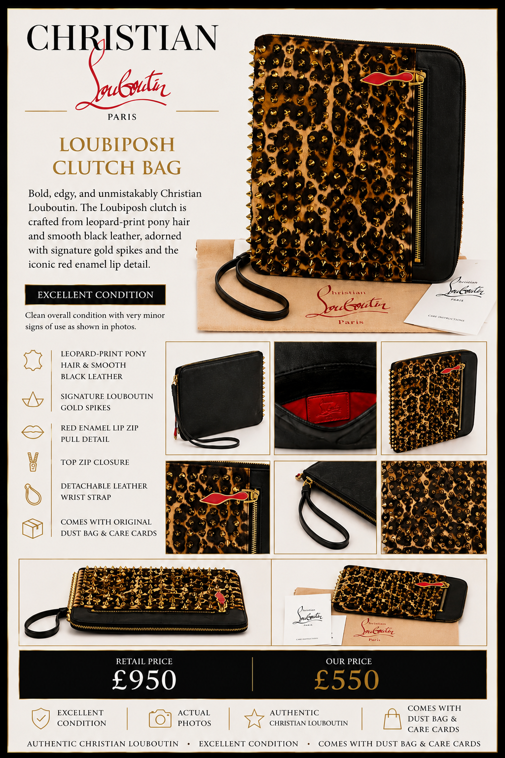 Christian Louboutin Loubiposh Leopard Print Spike Clutch Bag – Authentic Luxury Statement Piece - PRELOVED