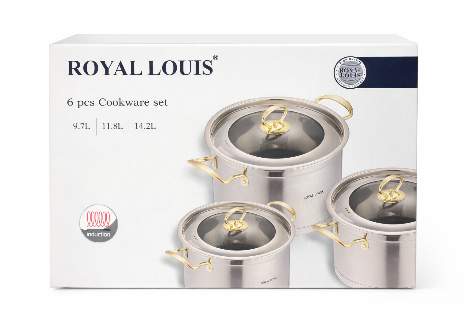 Royal Louis 6-Piece Stainless Steel Cookware Set with Glass Lids – Induction Compatible Pots Set