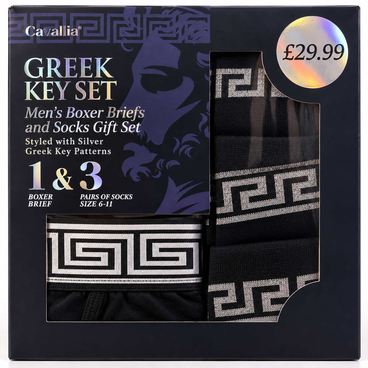 Cavallia Greek Key Men’s Boxer Briefs & Socks Gift Set – Black & Silver | Sizes S, M & L
