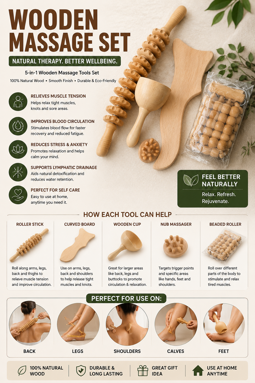 Wooden Massage Tool Set – Natural Wood Body Massage & Relaxation Set