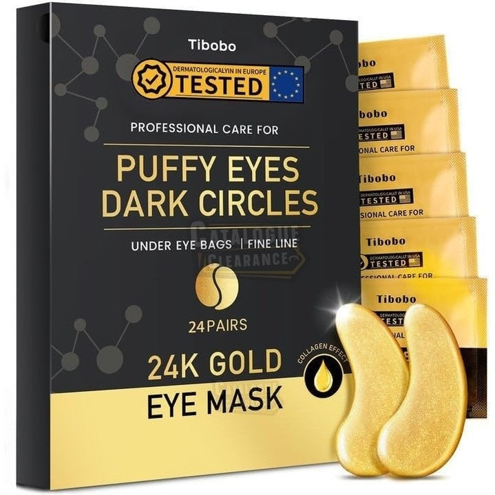 24K Gold Under Eye Patches - 50 Pairs Gel Pads with Collagen & Hyaluronic Acid for Dark Circles, Puffy Eyes, Wrinkle Removal, Dermatologically Tested