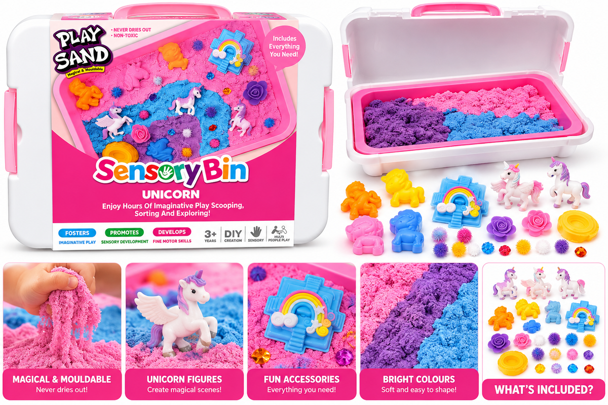 Unicorn Sensory Play Sand Bin – Magical Mouldable Sand & Unicorn Activity Set