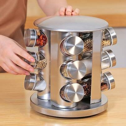 Stainless Steel Rotating Spice Carousel – 12-Jar Revolving Seasoning Organizer with Glass Bottles for Kitchen Counter or Cabinet
