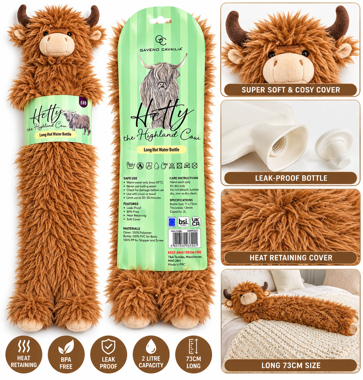 Gaveno Cavailia Hetty the Highland Cow Long Hot Water Bottle – 73cm – 2 Litre – Luxury Faux Fur Cover