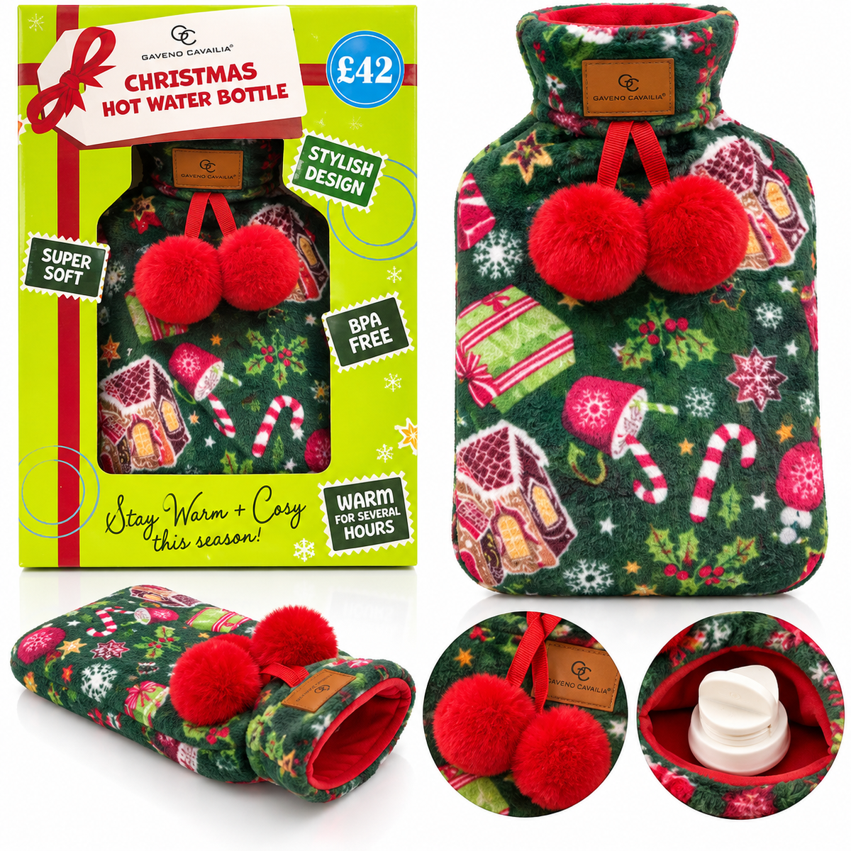 Gaveno Cavailia Christmas Hot Water Bottle – Luxury Soft Fleece with Festive Print & Pom-Poms