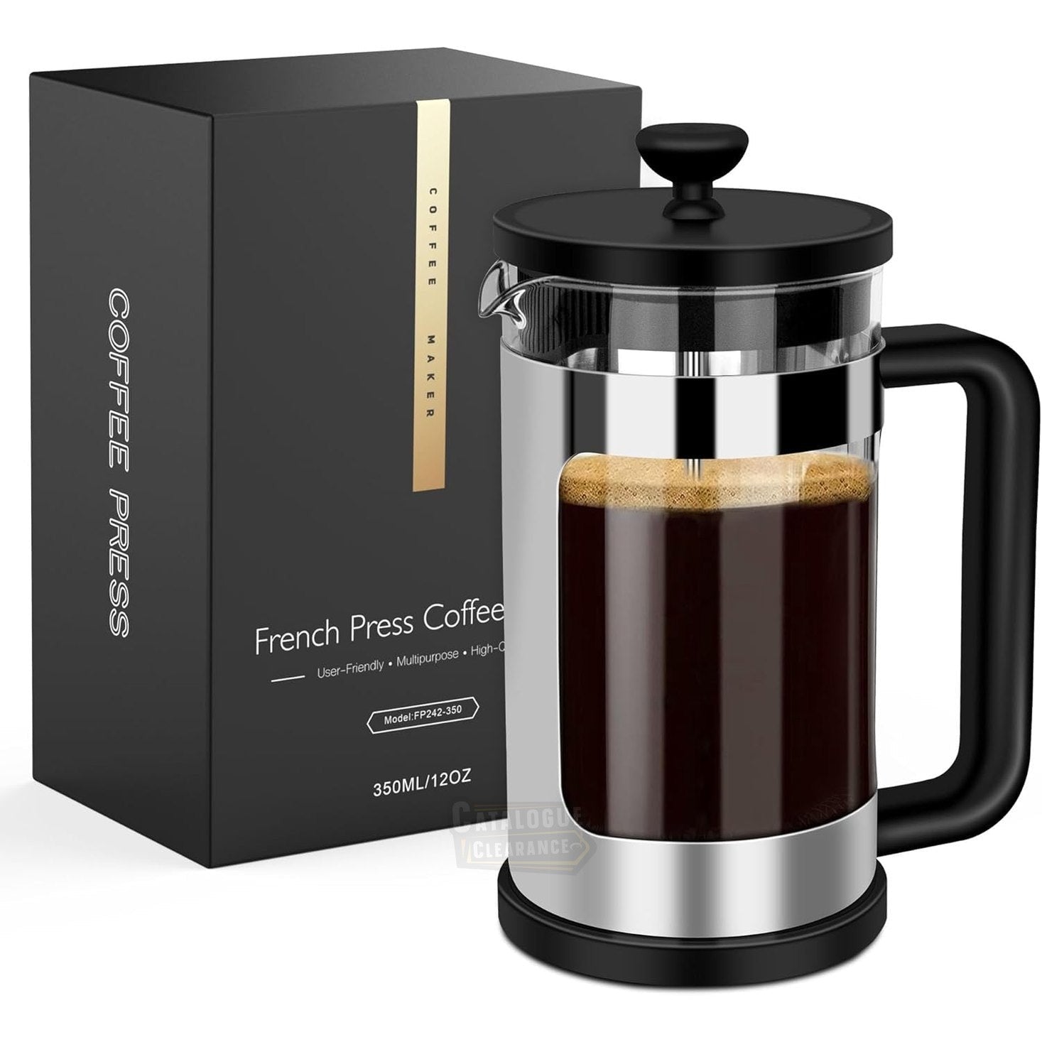 2-Cup French Press Coffee Maker – 350ml Borosilicate Glass Cafetiere