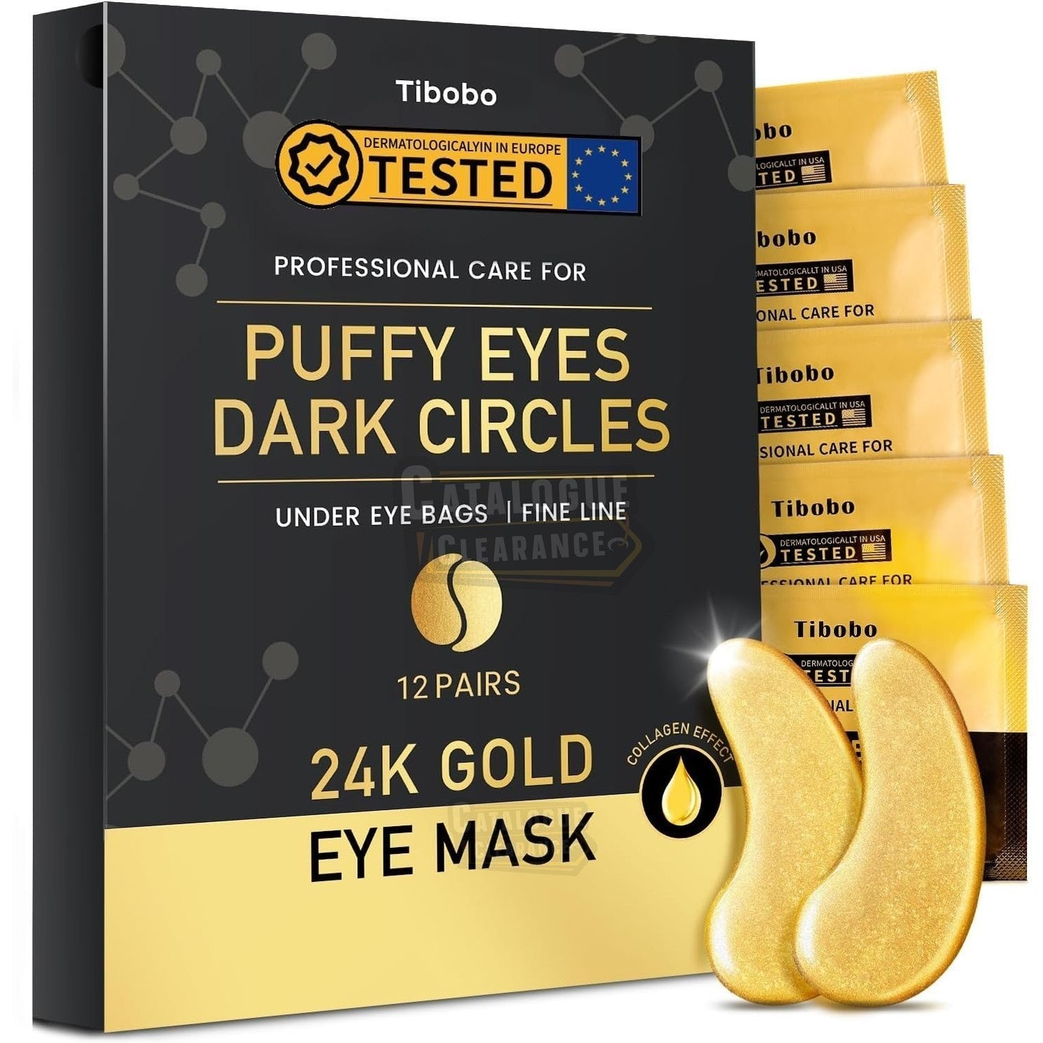 24K Gold Under Eye Patches - 50 Pairs Gel Pads with Collagen & Hyaluronic Acid for Dark Circles, Puffy Eyes, Wrinkle Removal, Dermatologically Tested
