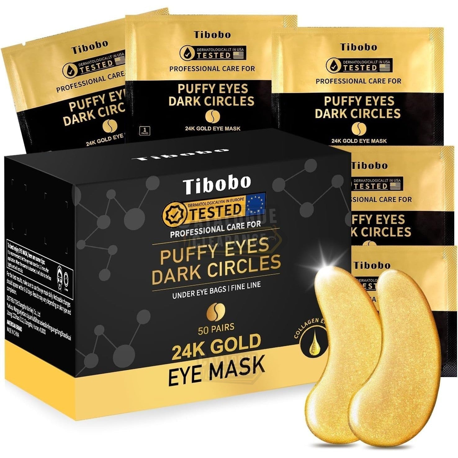 24K Gold Under Eye Patches - 50 Pairs Gel Pads with Collagen & Hyaluronic Acid for Dark Circles, Puffy Eyes, Wrinkle Removal, Dermatologically Tested