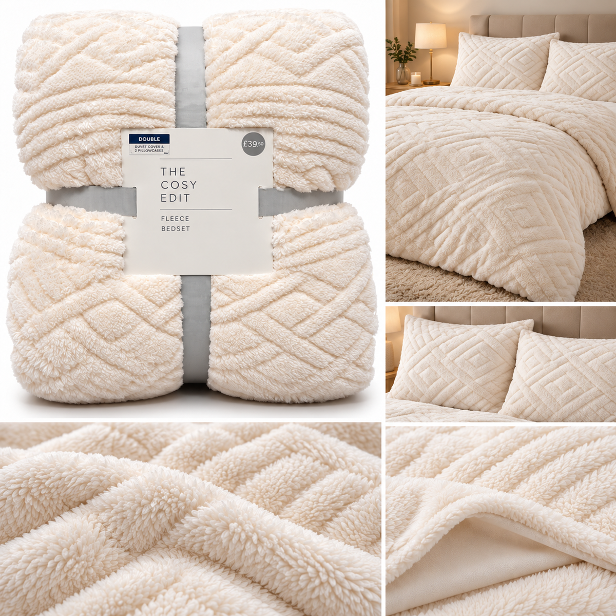 Luxury Fleece Bedding Set duvet cover & 2 pillowcases- Cream – Double – RRP £39.50
