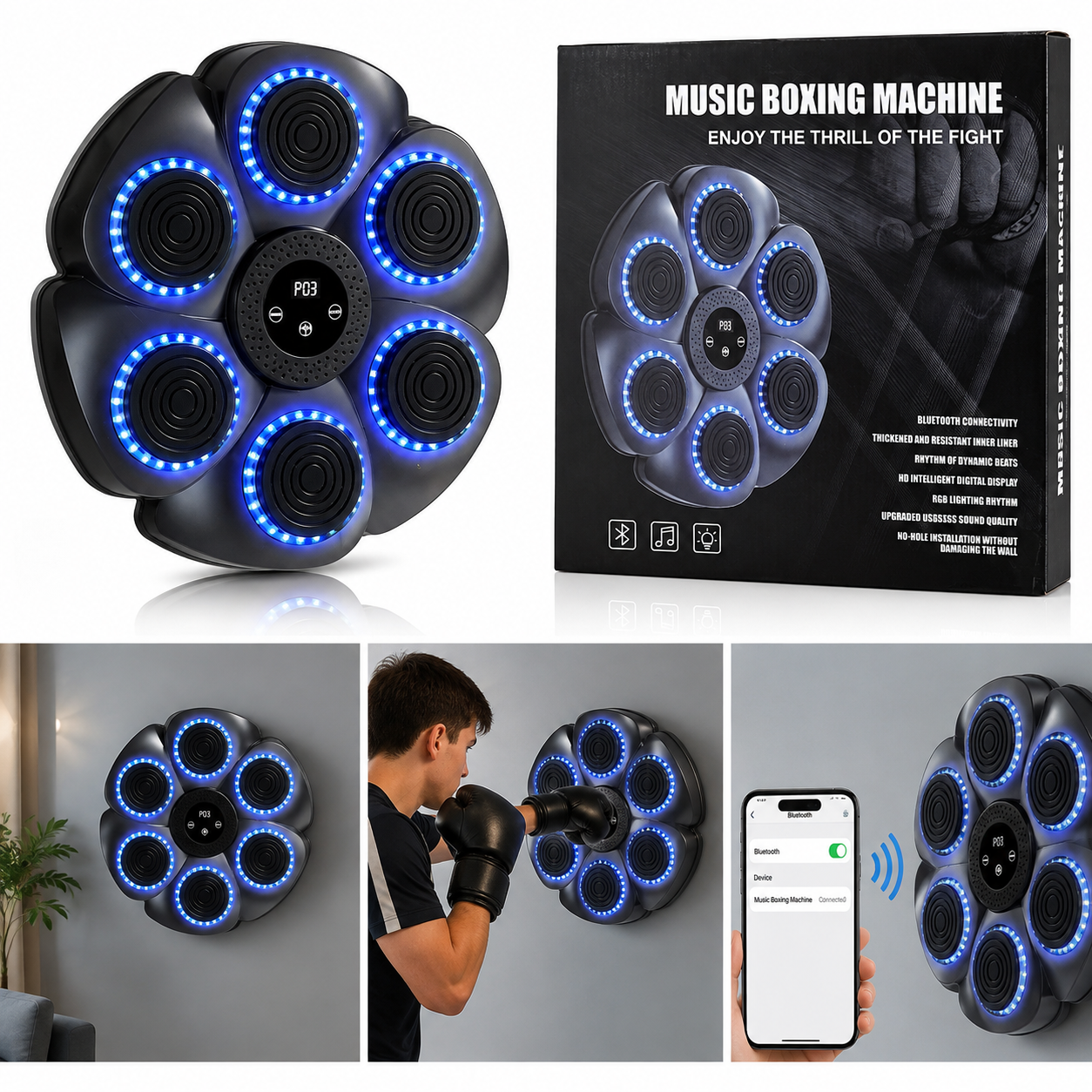 Music Boxing Machine – Bluetooth Interactive Boxing Trainer with LED Lights