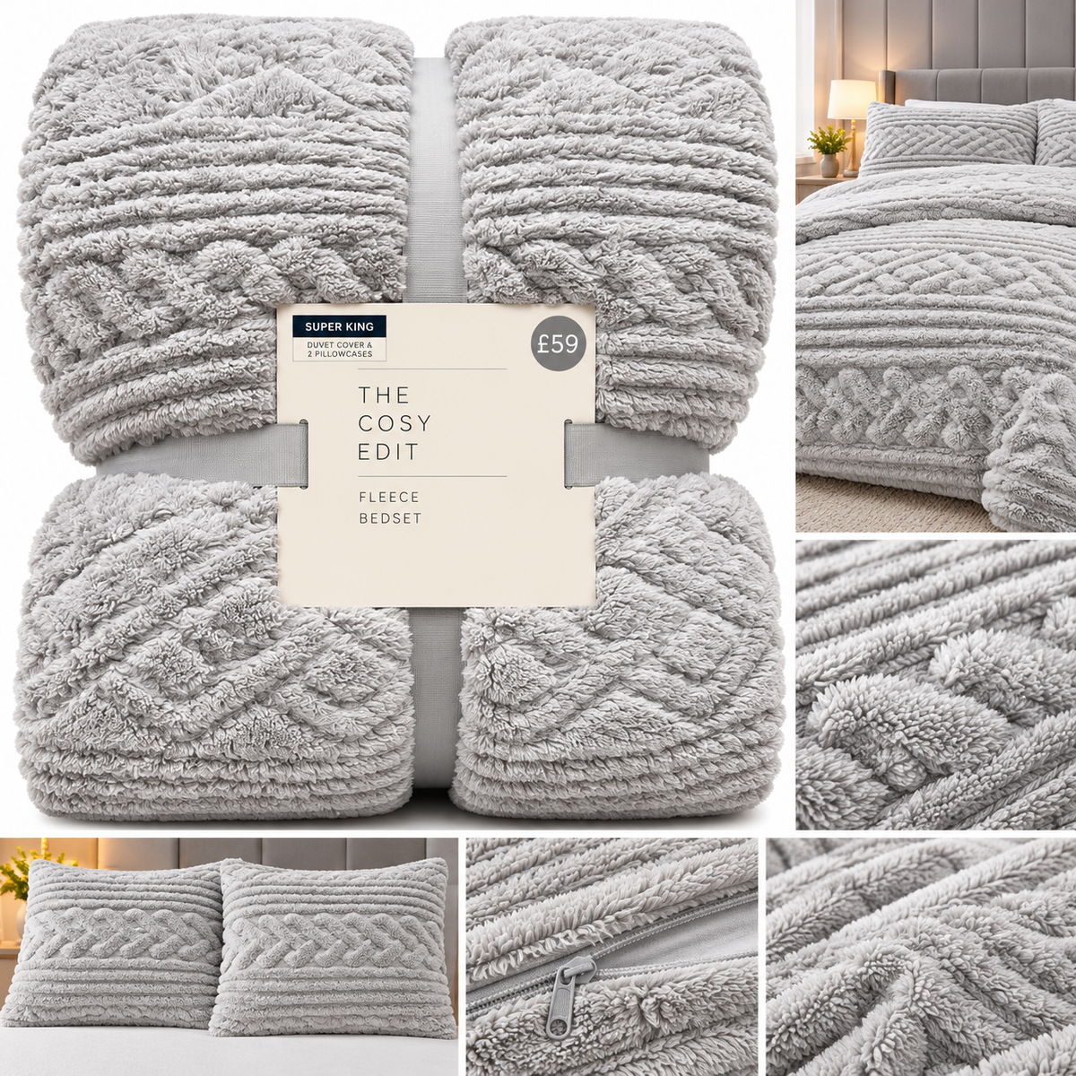 Luxury Fleece Bedding Set duvet cover & 2 pillowcases  – Light Grey – Super King – RRP £59
