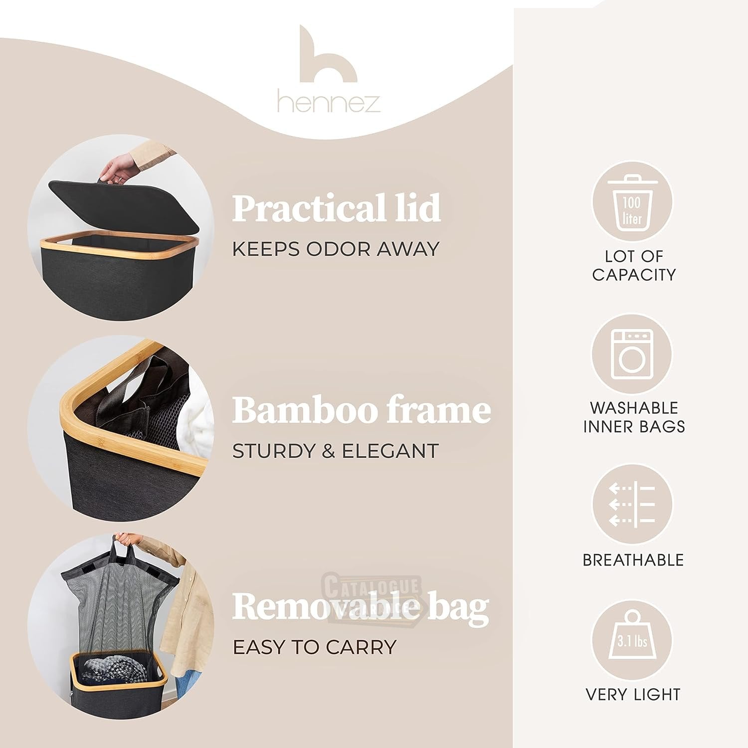 Adrian 100L Bamboo Laundry Hamper with Lid & Removable Bag