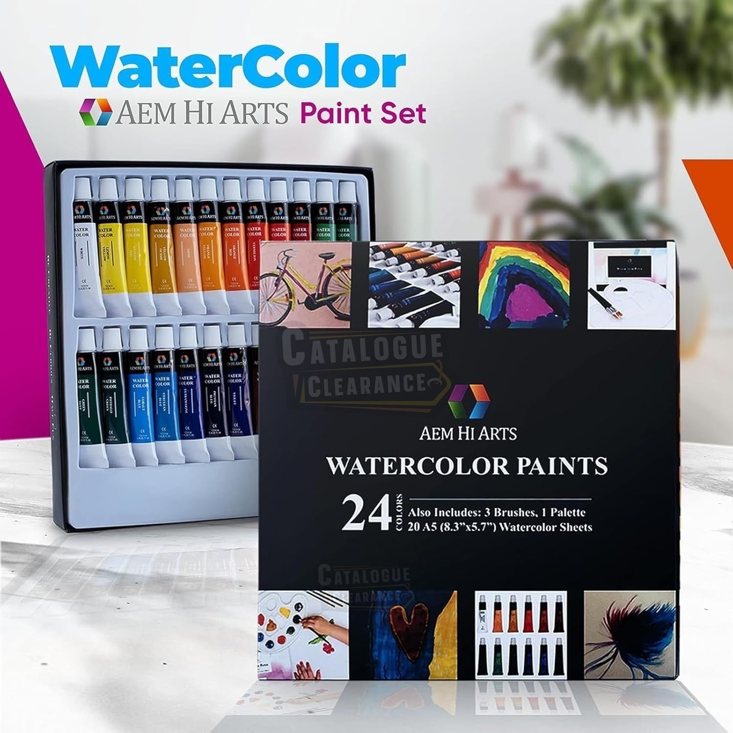 AEM Watercolor Paint Set - 24 Tubes, Brushes, Paper & Palette
