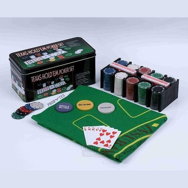 Texas Hold’em Poker Game Set – Casino-Style Cards, Chips, Mat & Tin Box