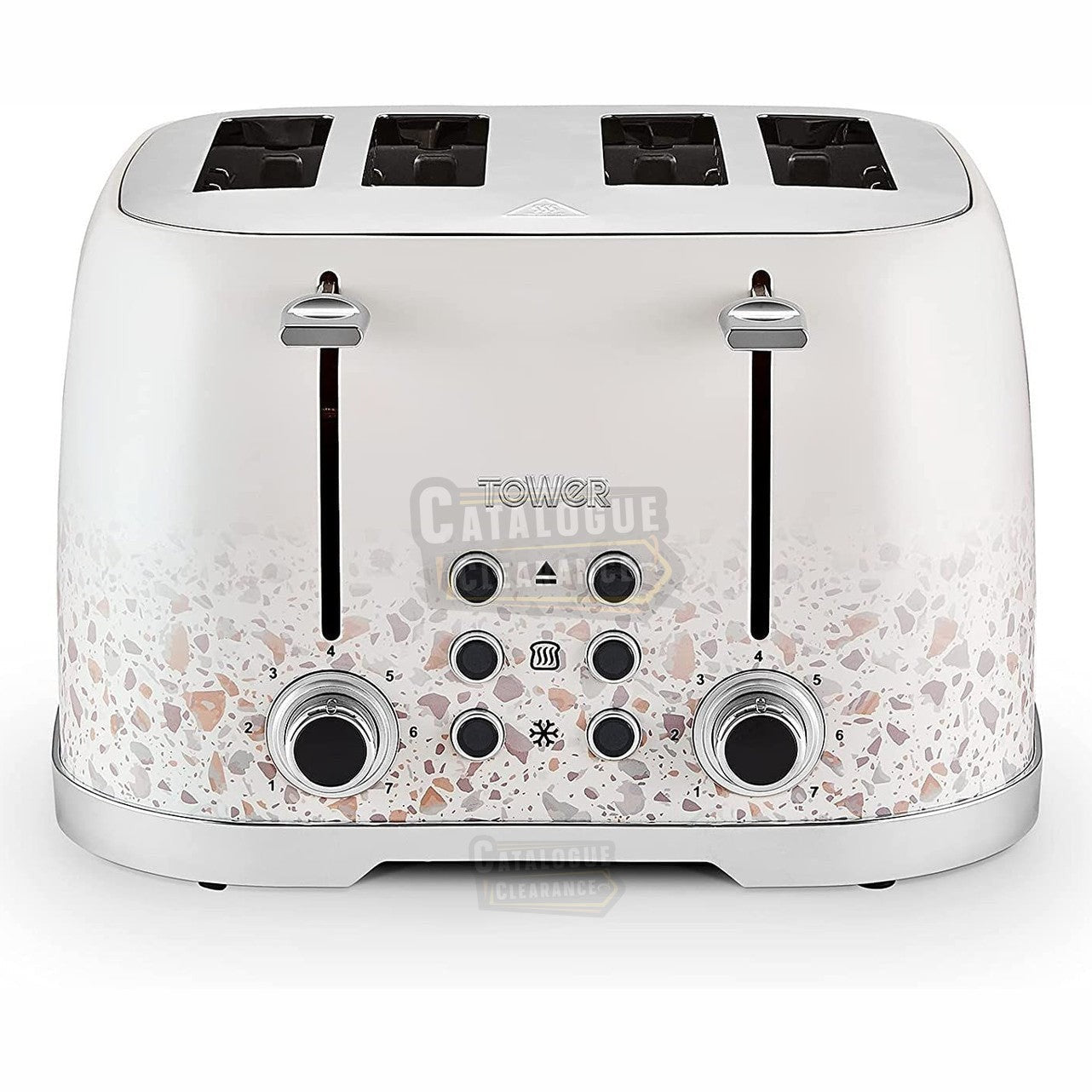 Tower T20069TAN 4-Slice Toaster with Defrost Function, 1600W - White Terrazzo