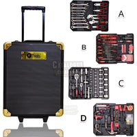 Premium 599 Piece Professional Aluminium Tool Box Set - With Wheels, Telescopic Handle, 4 Levels, Ring Ratchets, Socket Wrenches, Ratchets and Open-End Spanner