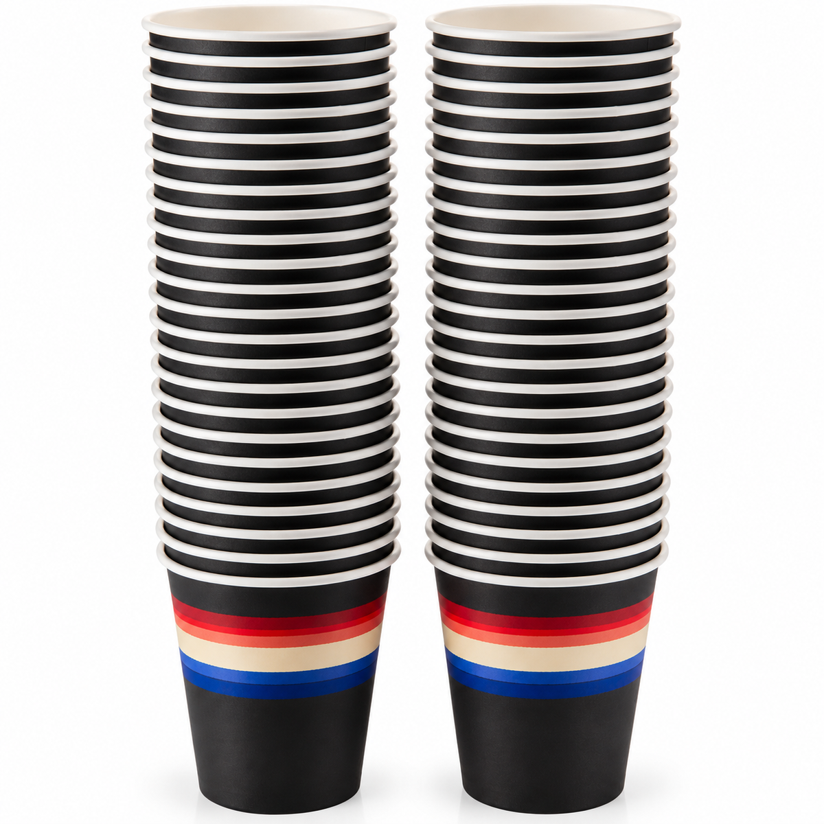 50 Pack Disposable Paper Cups – Black with Multicoloured Stripe Design