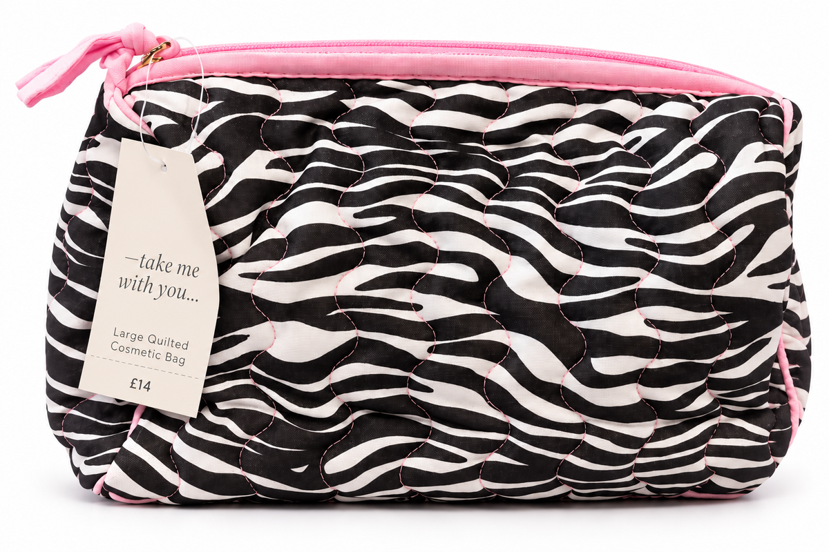 Large Quilted Cosmetic Bag – Black & White Zebra Print with Pink Trim