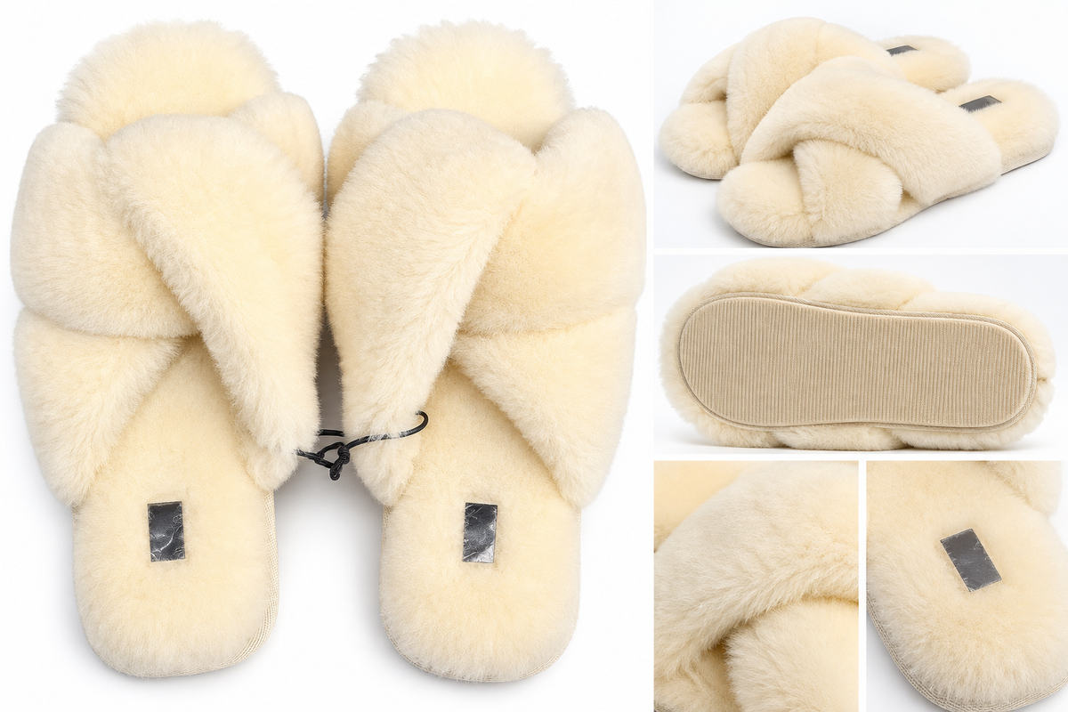 Luxury Women’s Fluffy Cross Strap Slippers – Cream | Sizes 5, 6 & 7