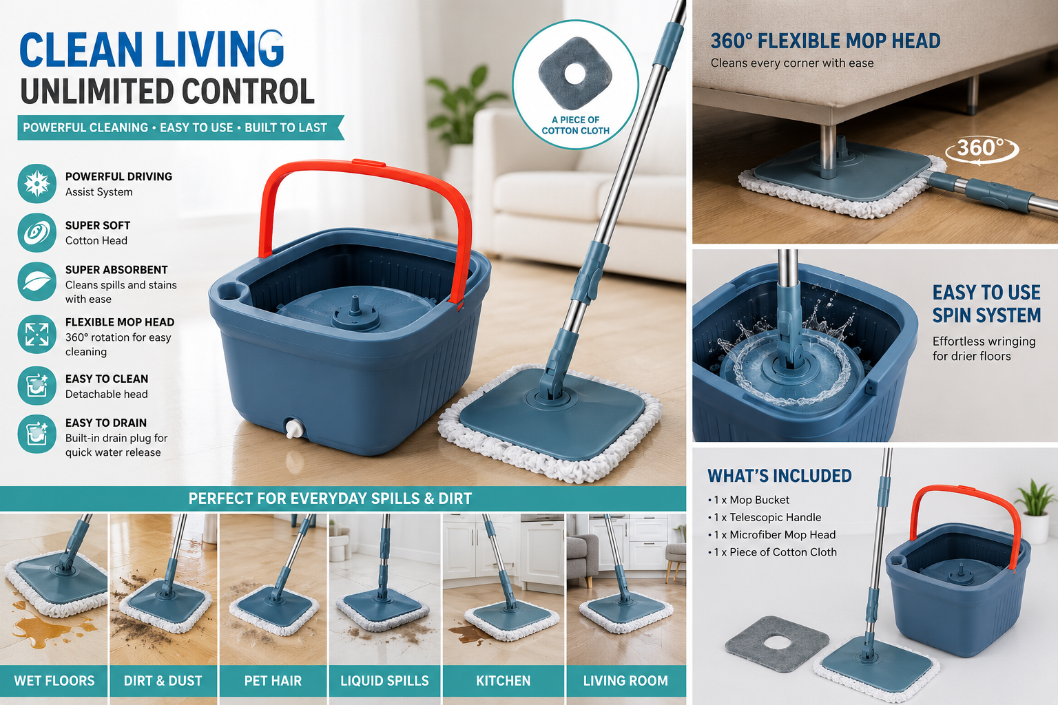 Clean Living Spin Mop & Bucket Set – 360° Flexible Flat Mop