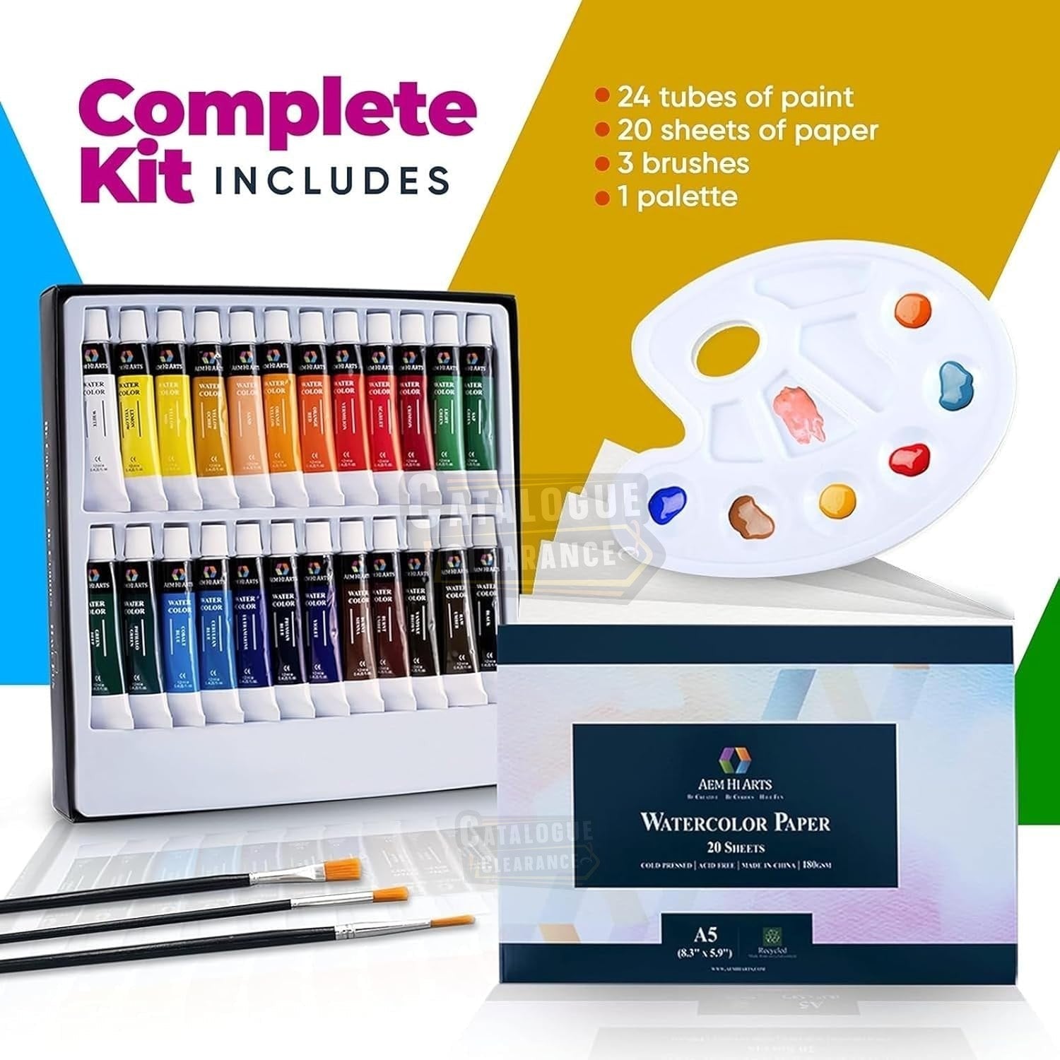 AEM Watercolor Paint Set - 24 Tubes, Brushes, Paper & Palette